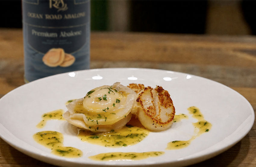 Abalone & scallops served in a scallop & herb sauce