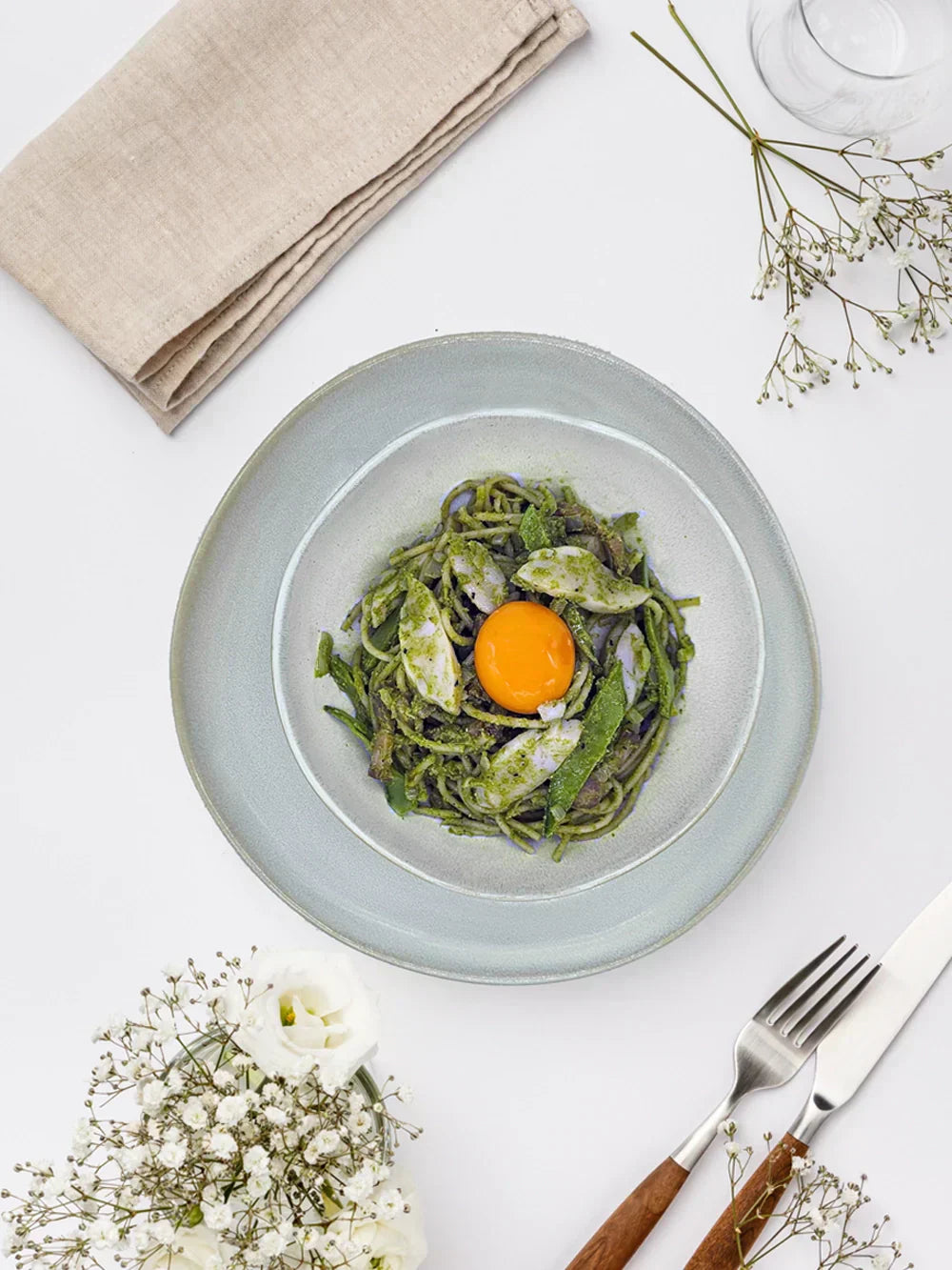 Abalone and Speck Spaghetti with Pea & Herb Pesto