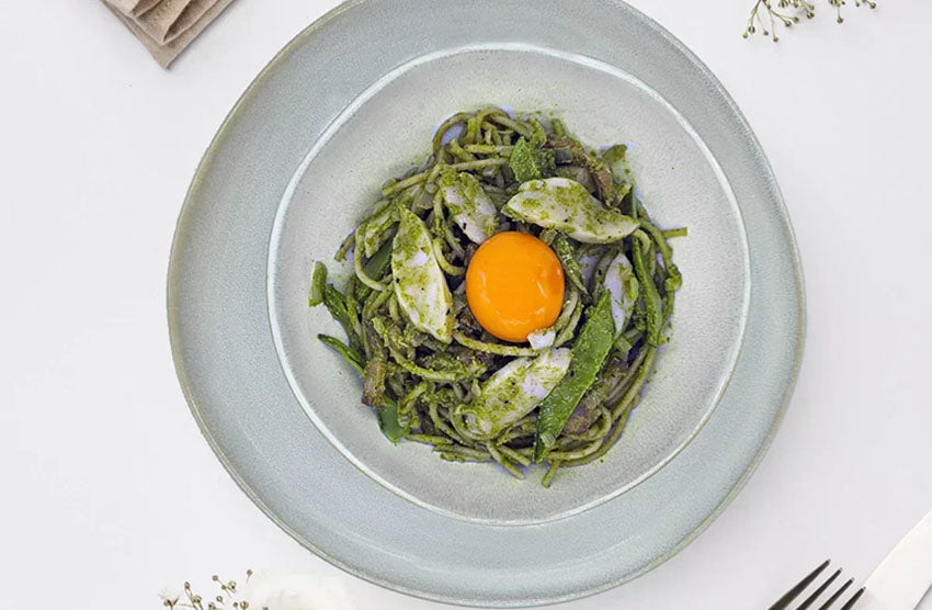 Abalone and Speck Spaghetti with Pea & Herb Pesto