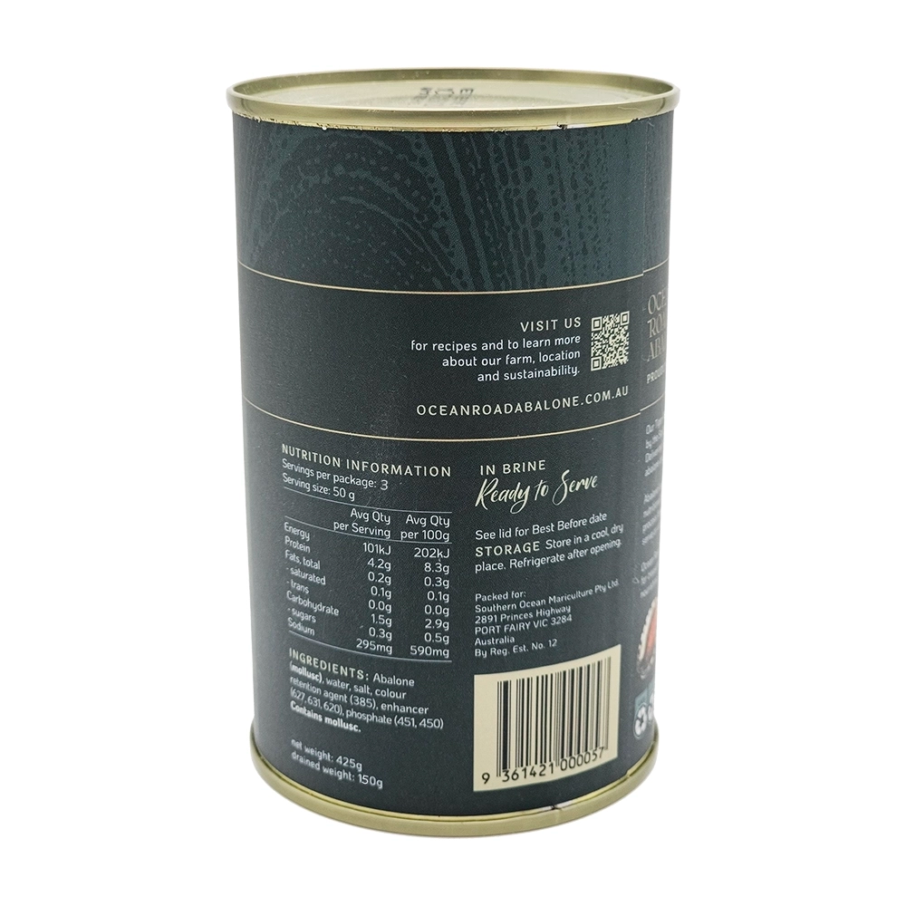 Back view of canned abalone with nutrition information and ingredients listed on a white background