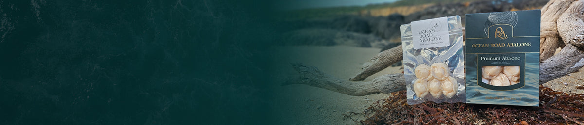 Two packages of retort abalone displayed on a rocky shoreline next to driftwood, with a dark teal water background.